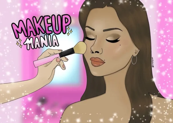 Makeup Mania official artwork showing an eye makeup look and a pink makeup brush